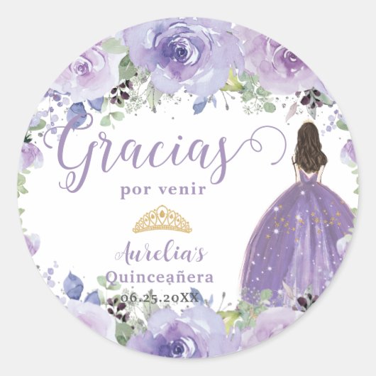 Lila Lilac Floral Quinceañera Princess Dress Runder Aufkleber (Vorderseite)