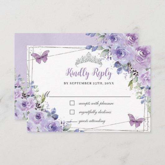 Lila Lilac Floral Quinceañera Silberschmetterlinge RSVP Karte (Vorne/Hinten)