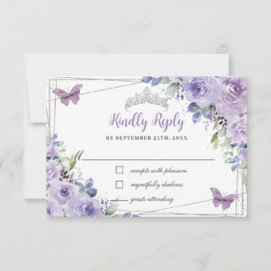 Lila Lilac Floral Quinceañera Silberschmetterlinge RSVP Karte
