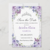 Lila Lilac Floral Quinceañera Sweet 16 Silver Save The Date (Vorderseite)