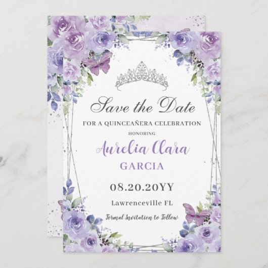 Lila Lilac Floral Quinceañera Sweet 16 Silver Save The Date (Vorne/Hinten)