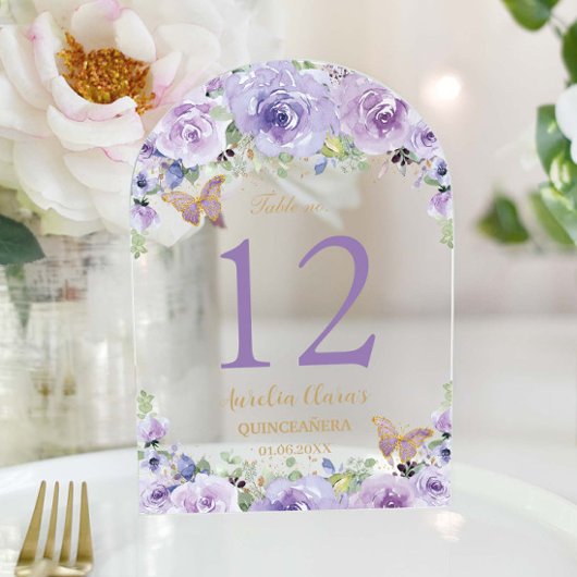 Lila Lilac Floral Quinceañera XV 16 Tischnummer
