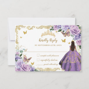 Lila Lilac Floral Quinceñera Princess Gold RSVP Karte