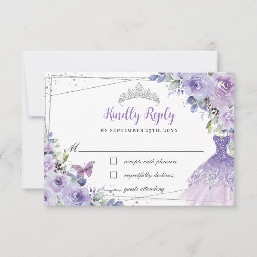 Lila Lilac Floral Silver Quinceañera Kleidung Gown RSVP Karte (Vorderseite)