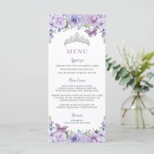 Lila Lilac Floral Silver QUINCEAÑERA Party Menü Programm (Stehend Vorderseite)