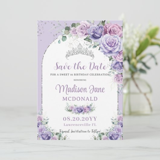 Lila Lilac Floral Sweet 16 Silver Birthday Foto Save The Date (Stehend Vorderseite)