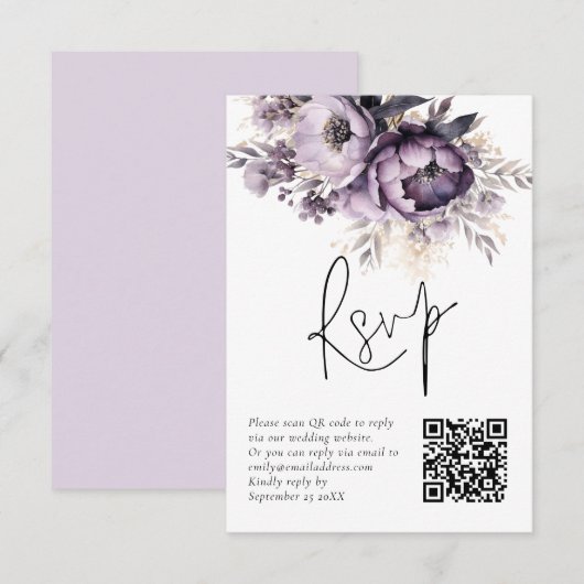 Lila Lilac Florals QR Code Wedding RSVP Card Einladung (Vorne/Hinten)