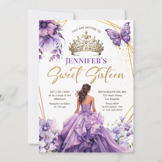 Lila Lilac Girl Princess Tiara Floral Sweet 16 Einladung (Vorderseite)