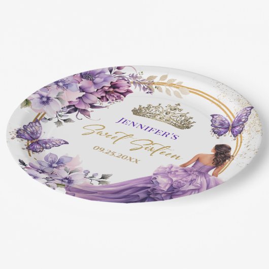Lila Lilac Girl Princess Tiara Floral Sweet 16 Pappteller (Schrägansicht)