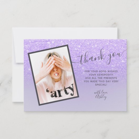 Lila lilac Glitzer elegante Dankeschön Sweet 16 Dankeskarte (Vorderseite)