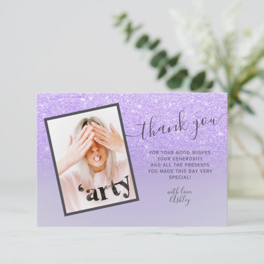 Lila lilac Glitzer elegante Dankeschön Sweet 16 Dankeskarte (Stehend Vorderseite)