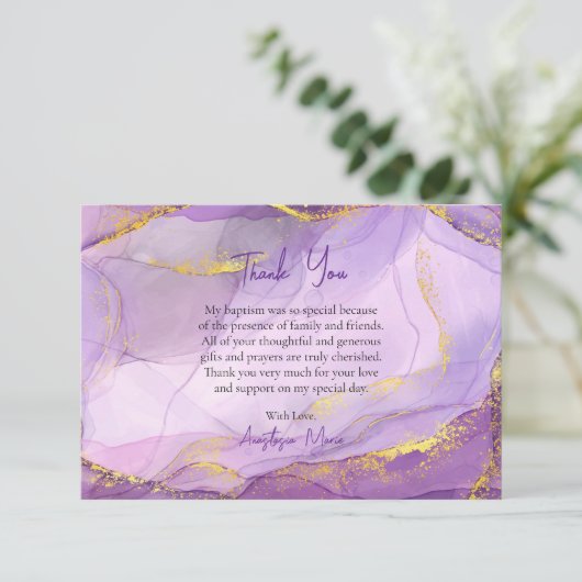 Lila Lilac Gold Marmor Orthodoxe Taufe Dankeskarte (Stehend Vorderseite)