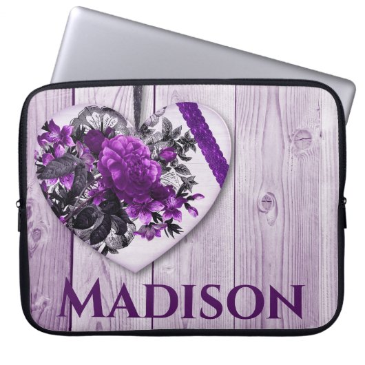 Lila Lilac Herz und Blume mit Individuelle Name Laptopschutzhülle (Vorderseite)