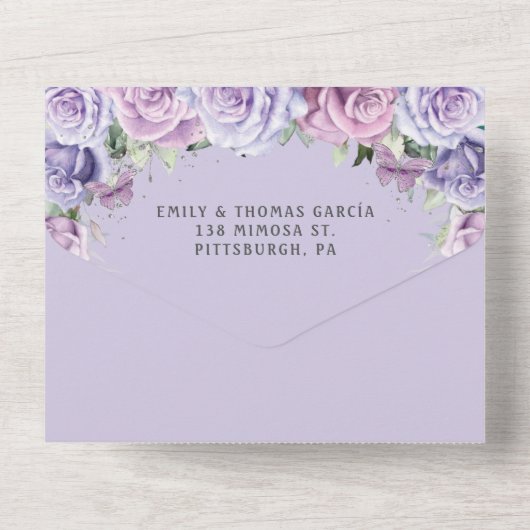 Lila Lilac Lavender Floral Quinceanera Princess All In One Einladung (Rückseite)