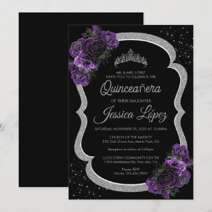 Lila Lilac Lavender Floral Quinceañera Silver Einladung