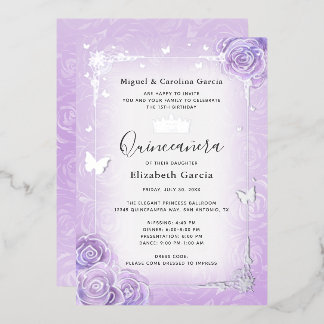 Lila Lilac Lavender Floral Quinceañera Silver Folieneinladung