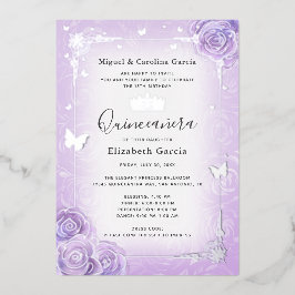 Lila Lilac Lavender Floral Quinceañera Silver Folieneinladung