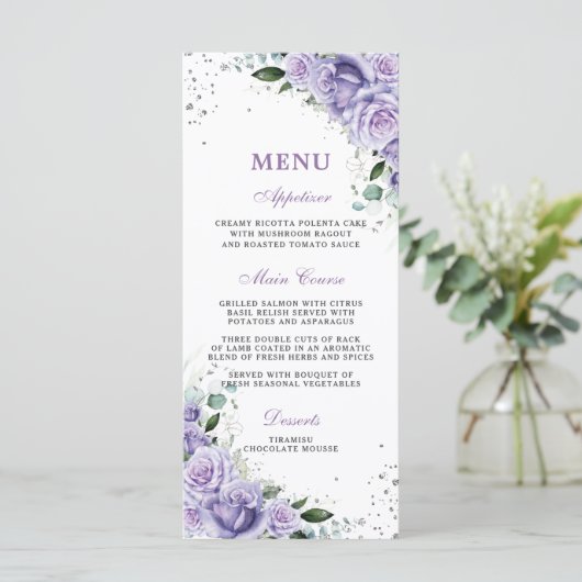 Lila Lilac Lavender Floral Wedding Bridal Menü Programm (Stehend Vorderseite)