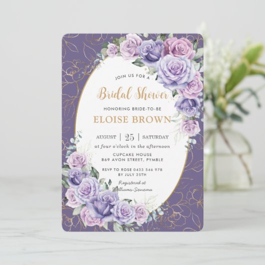 Lila Lilac Lavender Rose Blumenkohl Brautparty Einladung (Stehend Vorderseite)