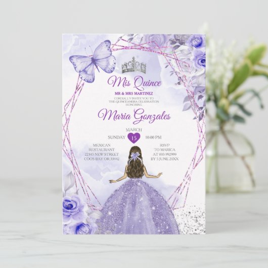 Lila Lilac Mis Quince 15 Anos Crown Quinceañera Einladung (Stehend Vorderseite)