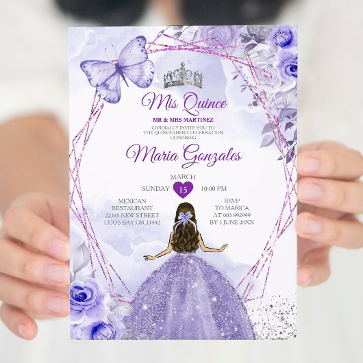 Lila Lilac Mis Quince 15 Anos Crown Quinceañera Einladung