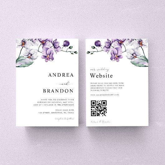 Lila Lilac Orchid QR Code bei einer Hochzeit Einladung