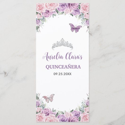Lila Lilac Pale Pink Quinceañera XV Menü Programm (Rückseite)