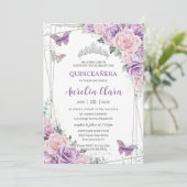Lila Lilac Pink Floral Butterfliegen Quinceañera Einladung (Stehend Vorderseite)