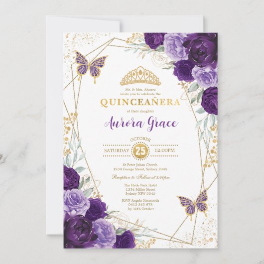 Lila Lilac Quinceañera Gold Tiara Geometric Einladung (Vorderseite)