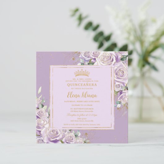 Lila Lilac Rose Blumenkohlengänger Sweet 16 Gold Einladung (Stehend Vorderseite)
