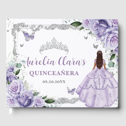Lila Lilac Rose Blumenschmetterlinge Quinceañera Gästebuch (Vorderseite)