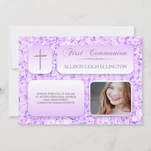 Lila Lilac Rose FIrst Communion Custom Foto Einladung (Vorderseite)