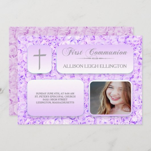 Lila Lilac Rose FIrst Communion Custom Foto Einladung (Vorne/Hinten)