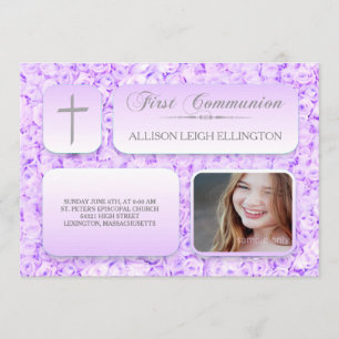 Lila Lilac Rose FIrst Communion Custom Foto Einladung