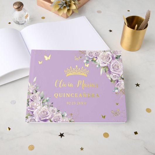 Lila Lilac Rose Floral Gold 15 XV Quinceañera Gästebuch (Vorderseite offen)