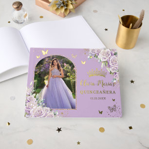 Lila Lilac Rose Floral Gold Quinceañera Foto Gästebuch