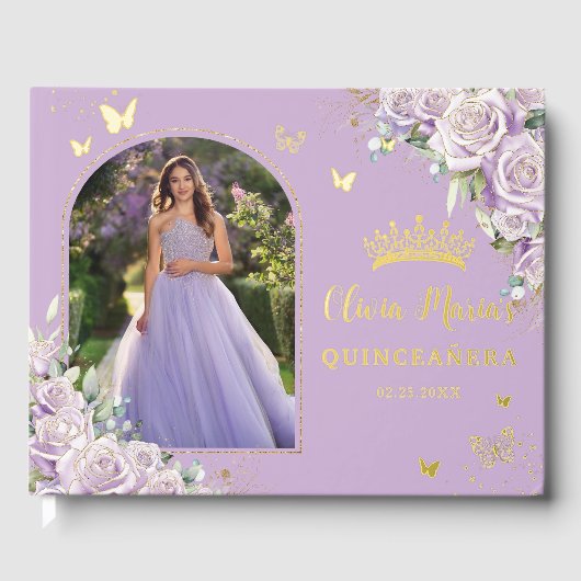 Lila Lilac Rose Floral Gold Quinceañera Foto Gästebuch (Vorderseite)