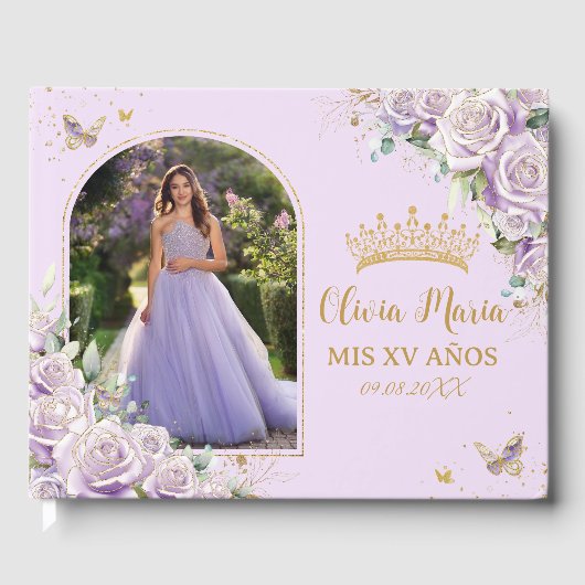 Lila Lilac Rose Floral Gold Quinceañera Foto Gästebuch (Vorderseite)