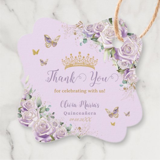 Lila Lilac Rose Floral Quinceanera 15 Zweisprachig Geschenkanhänger (Rückseite)
