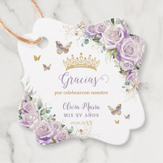 Lila Lilac Rose Floral Quinceanera 15 Zweisprachig Geschenkanhänger (Vorderseite)