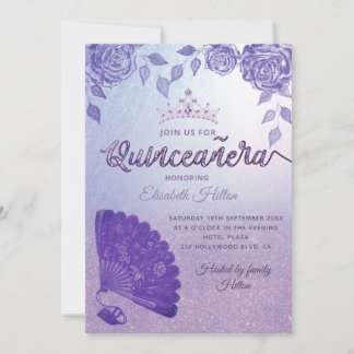 Lila Lilac Rose romantischer Handfan Quinceañera Einladung