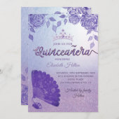 Lila Lilac Rose romantischer Handfan Quinceañera Einladung (Vorne/Hinten)