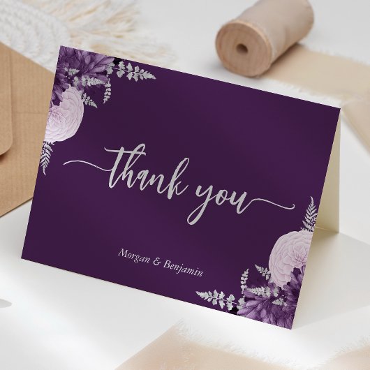 Lila Lilac Silver Floral Script Wedding Dankeskarte