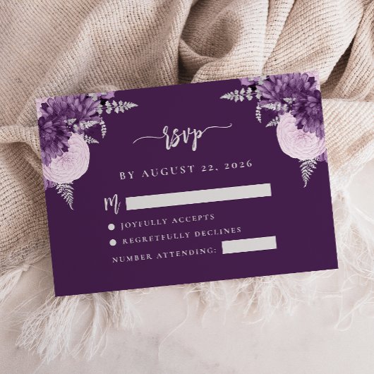Lila Lilac Silver Floral Script Wedding RSVP Begleitkarte