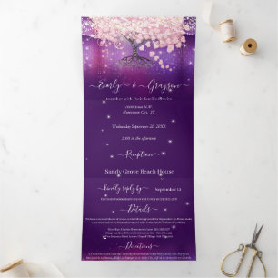 Lila Lilac- und Pink-Heart-Leaf-Tree Wedding Tri- Dreifach Gefaltete Einladung