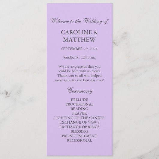 Lila Lilac Violet Einfache moderne Hochzeit Programm (Vorderseite)