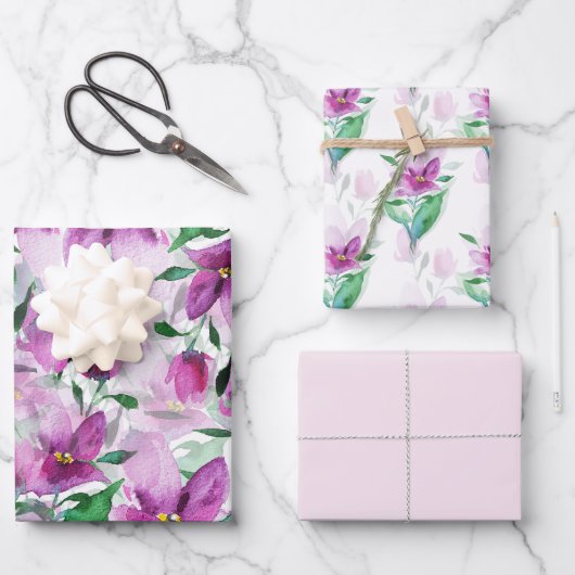 Lila Lilac Wasserfarbe Blütenhandbemalt Geschenkpapier Set (Vorderseite)