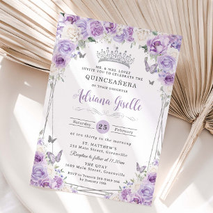 Lila Lilac White Floral Silver Quinceañera XV 16 Einladung