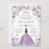 Lila Lilac White Floral Silver Quinceañera XV 16 Einladung (Vorderseite)
