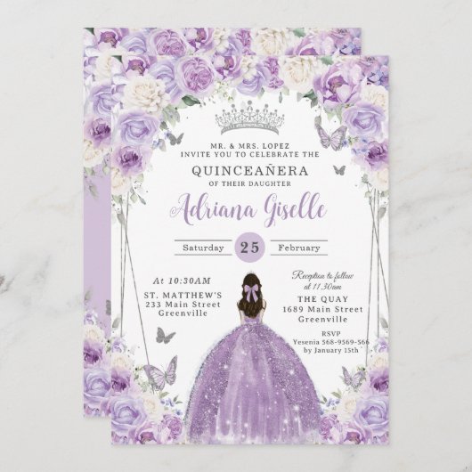 Lila Lilac White Floral Silver Quinceañera XV 16 Einladung (Vorne/Hinten)